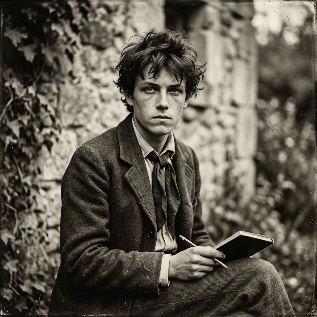 Young man sitting outdoors holding a notebook and pencil