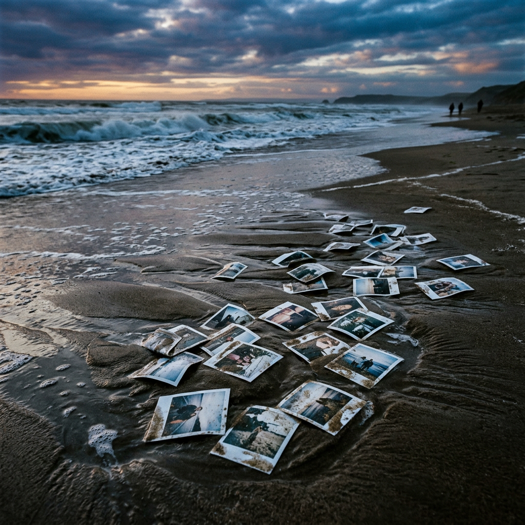 Several photographs scattered on wet sand near ocean waves at sunset