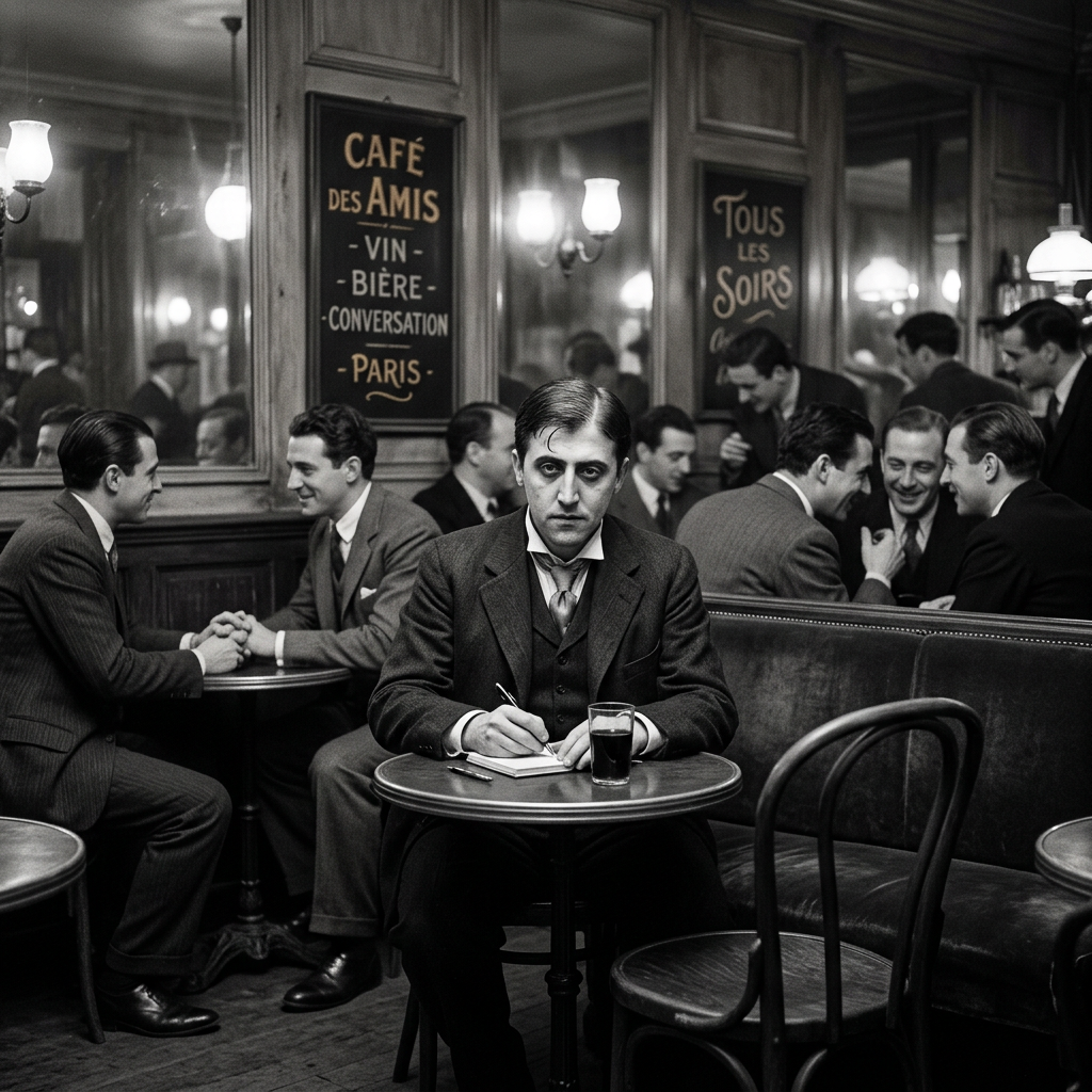 Man writing at a table in a Paris café with groups of men conversing in the background