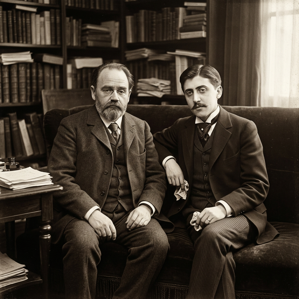 Two men in formal early 20th-century suits sitting on a couch in a library with bookshelves behind them