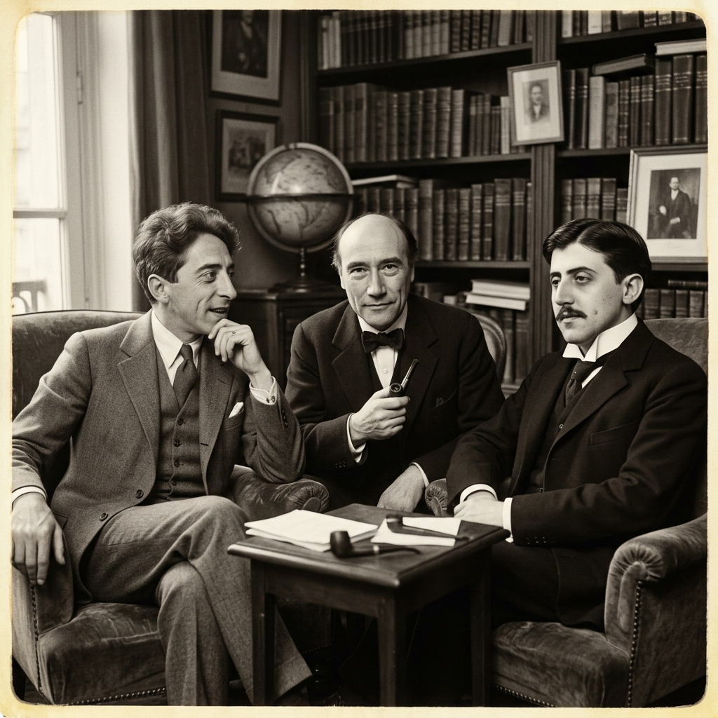 Three men in early 1900s suits seated around a table with books and pipes in a study filled with bookshelves and framed portraits.