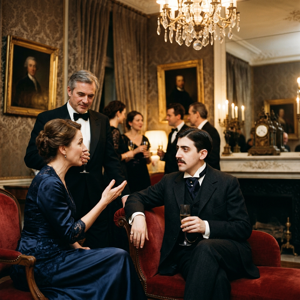 Men and women dressed in vintage formal attire socializing in a luxurious room with antique decor
