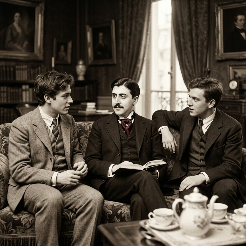 Three men in early 20th-century suits sitting on a sofa, one holding a book, with a tea set on a table nearby