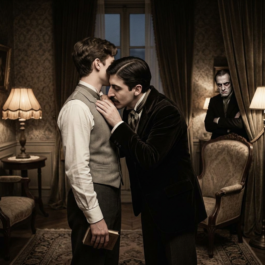 One man whispering to another in a Victorian room as a grim man watches from behind a curtain