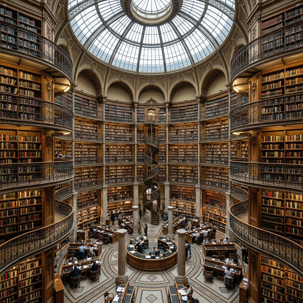 Circular historic library interior with tall shelves, spiral staircase, and people at desks