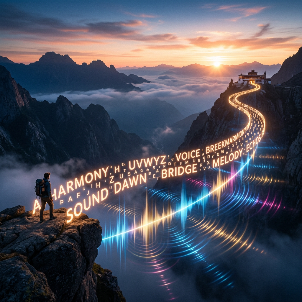 Hiker standing on a cliff looking at a glowing musical path made of words and sound waves leading to a mountain temple at sunrise.