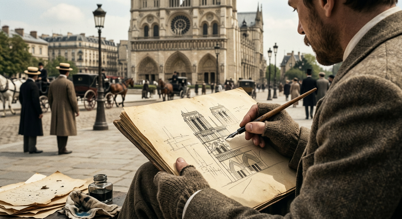 Hand sketching cathedral in 1900s Paris