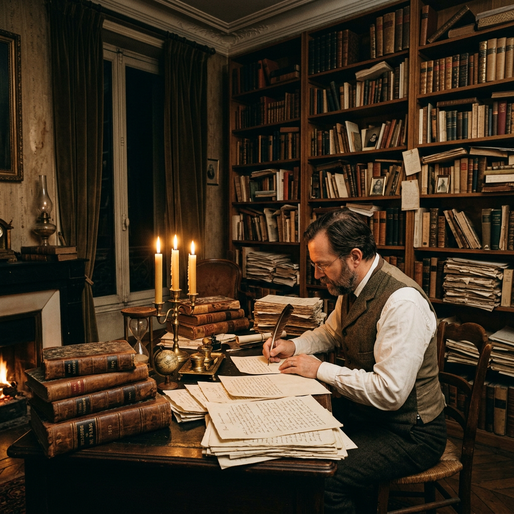 Man writing with quill pen at desk surrounded by books and papers by candlelight