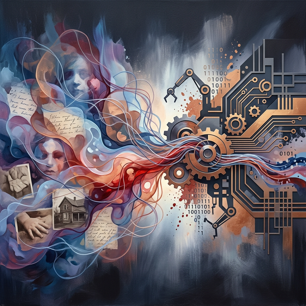 Faces, handwritten notes, and photographs merging into mechanical gears and binary code