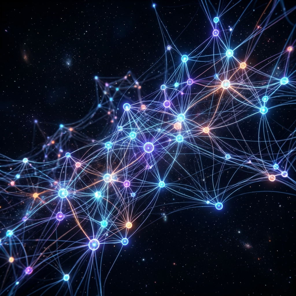 Glowing interconnected nodes forming a neural network against a dark starry background