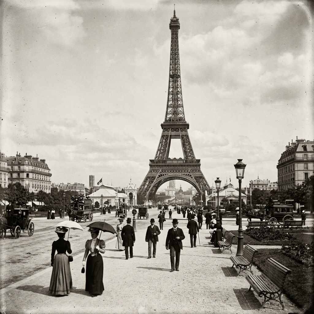 Street scene near the Eiffel Tower with men and women in period clothing walking and horse-drawn carriages