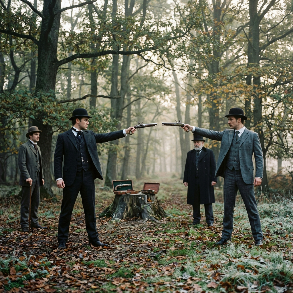 Two men in Victorian attire pointing pistols at each other in a forest with two other men watching