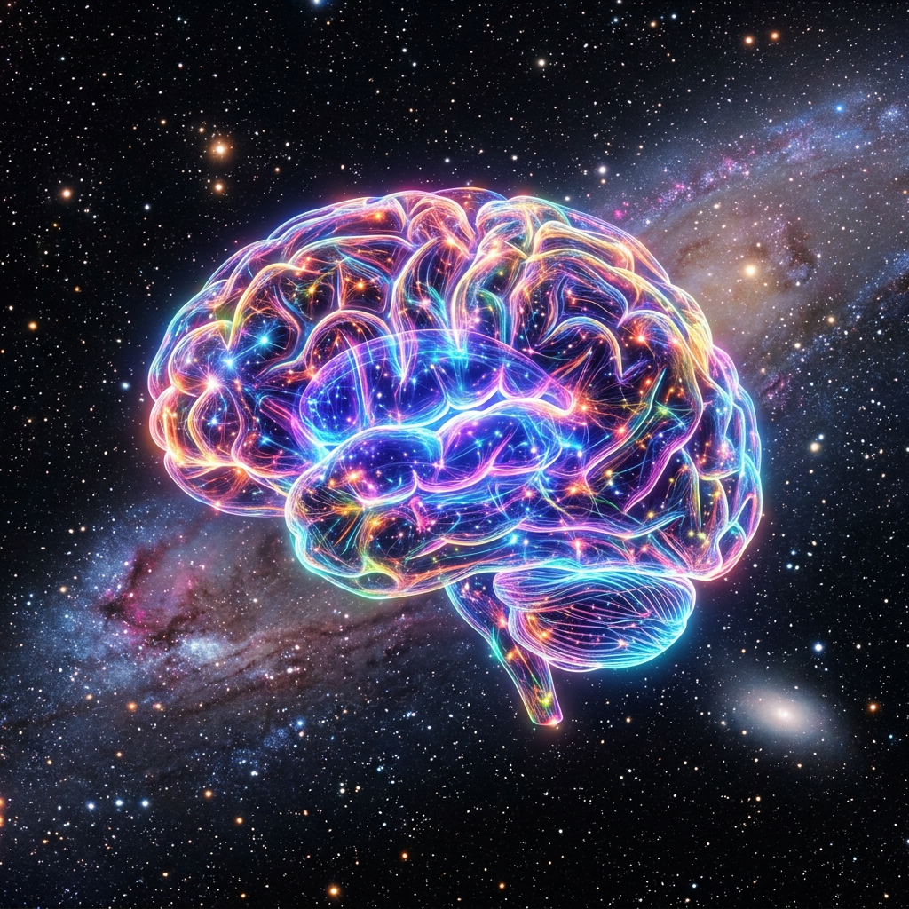 Colorful neon brain floating in outer space with galaxy in background