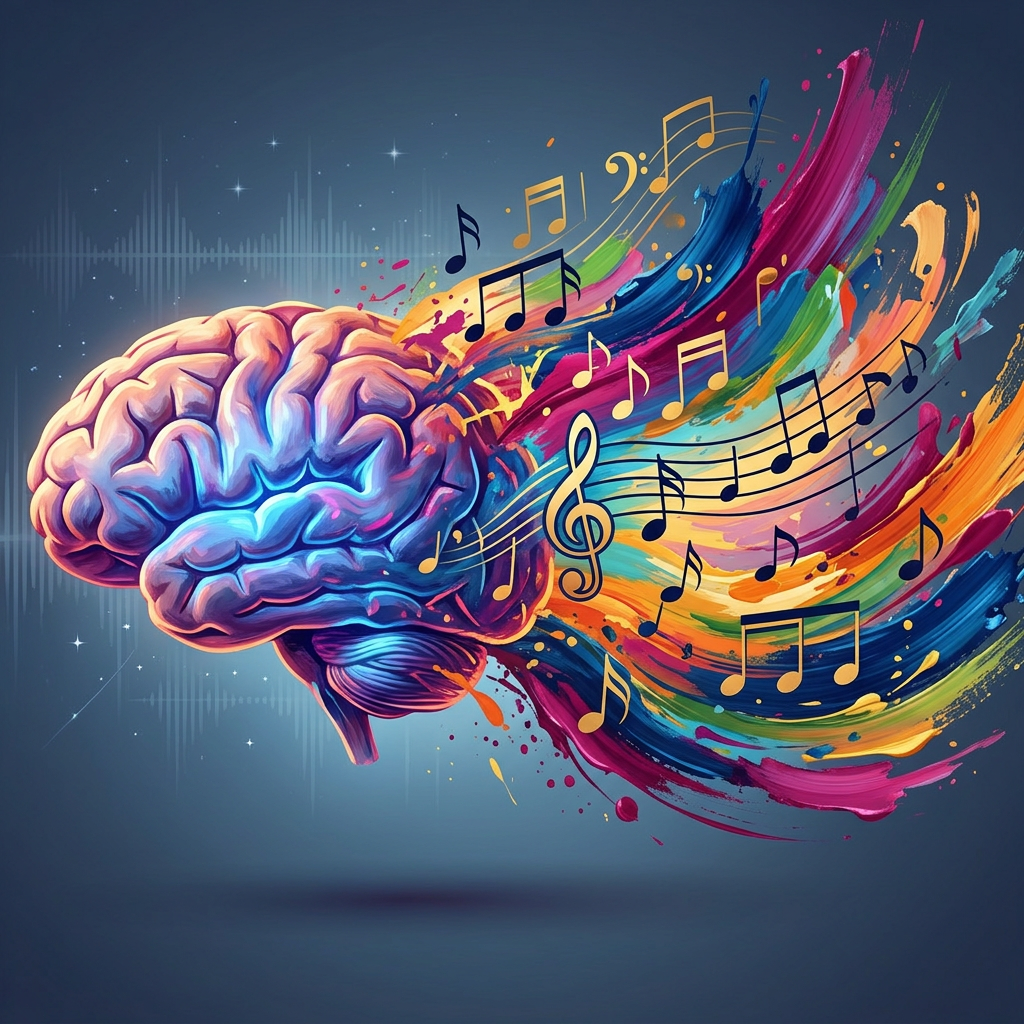 Human brain with colorful musical notes and splashes representing creativity