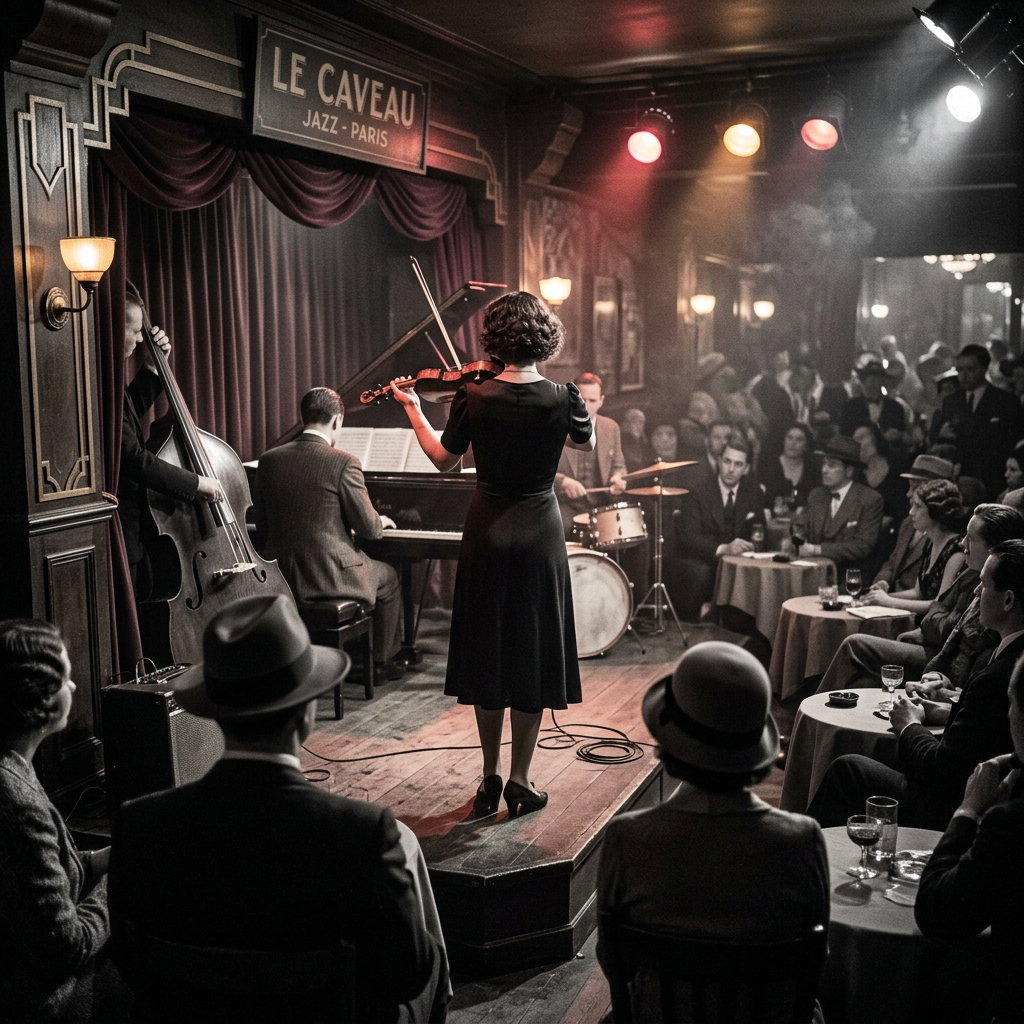 Violinist performing with jazz band at Le Caveau club in Paris