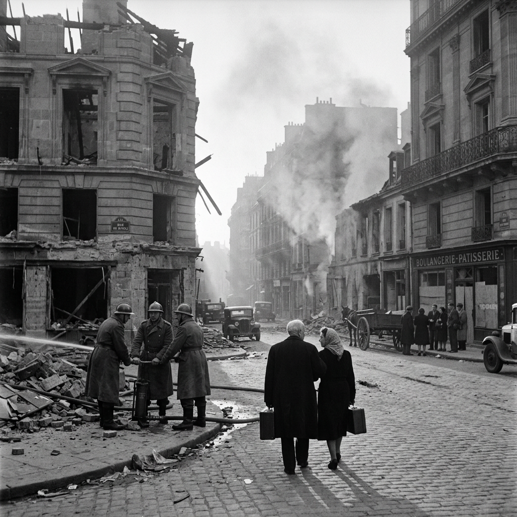 Firefighters directing hose while residents walk past bomb-damaged buildings in city street