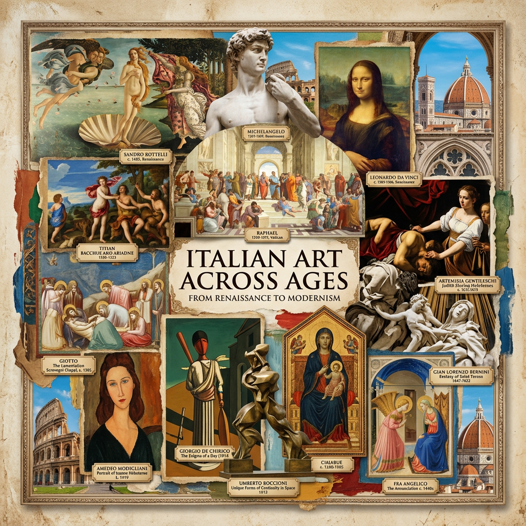 Collage of famous Italian artworks with artist names and dates from Renaissance to modern art