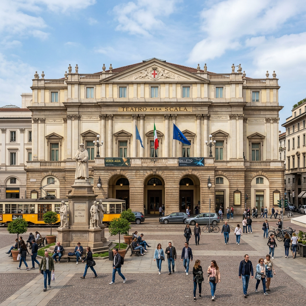 Teatro alla Scala opera house with people walking and statue in foreground