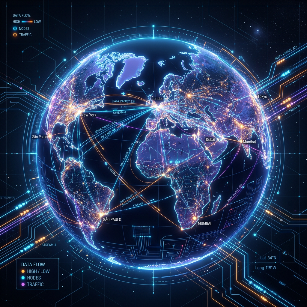Glowing globe showing data flow lines connecting major cities with labeled nodes and traffic intensity
