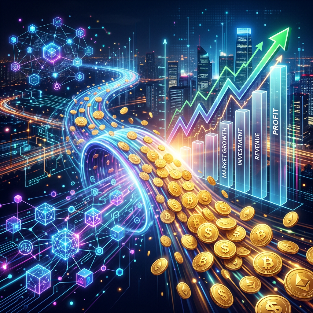 Stream of digital cryptocurrency coins flowing toward a bar chart labeled market growth, investment, revenue, and profit with upward arrows over a city at night