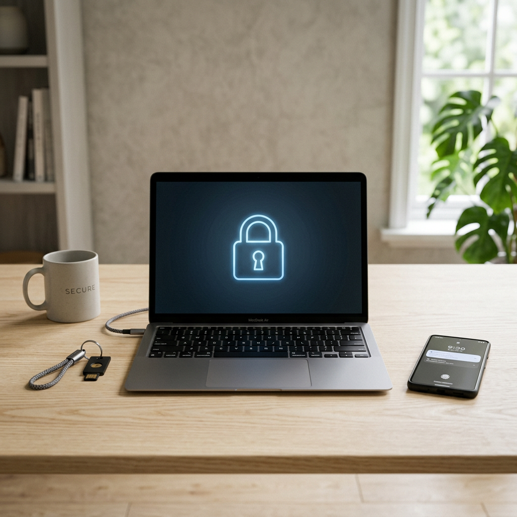 Laptop with glowing lock icon on screen, security key, smartphone, and mug labeled 'SECURE' on wooden desk