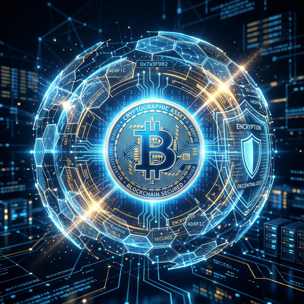 Bitcoin symbol surrounded by blockchain and encryption graphics with data nodes