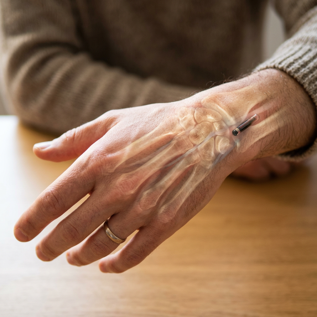 Hand with visible bones and a small microchip implanted under the skin near the wrist
