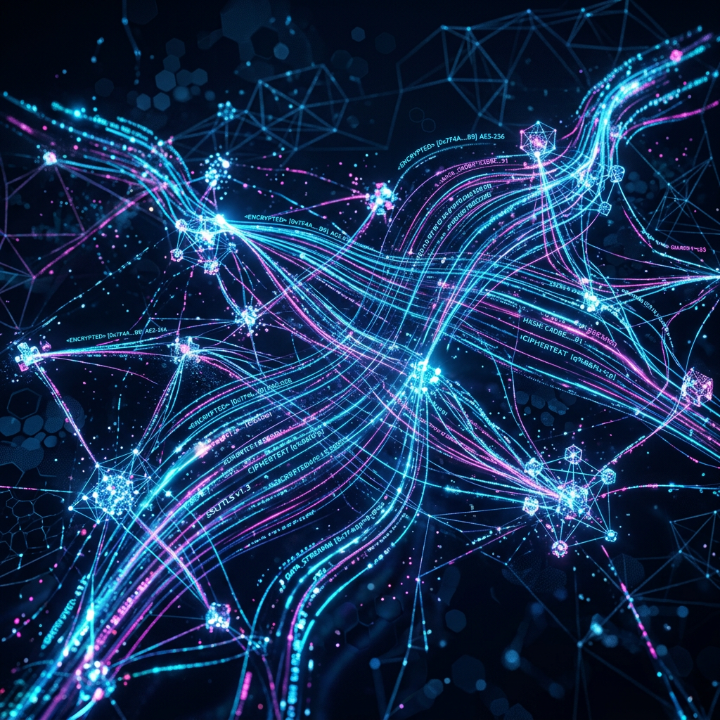Glowing blue and purple data streams with encrypted text connecting digital nodes