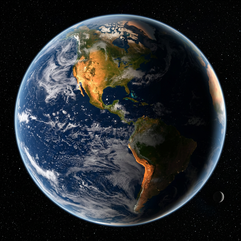 Earth from space showing North and South America with visible clouds and moon nearby