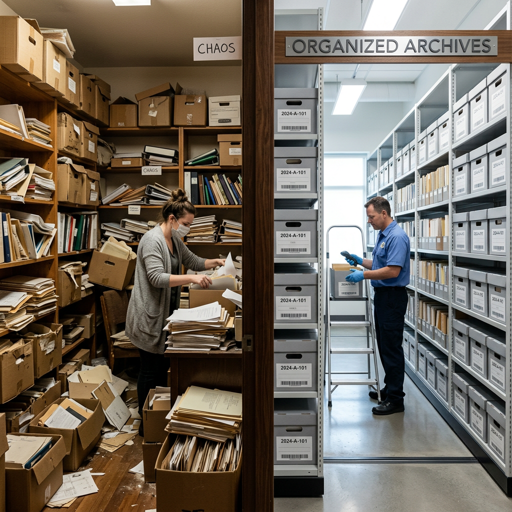 Archivist sorting unsorted papers in a cluttered room labeled chaos; another archivist organizing labeled boxes in a neat room labeled organized archives