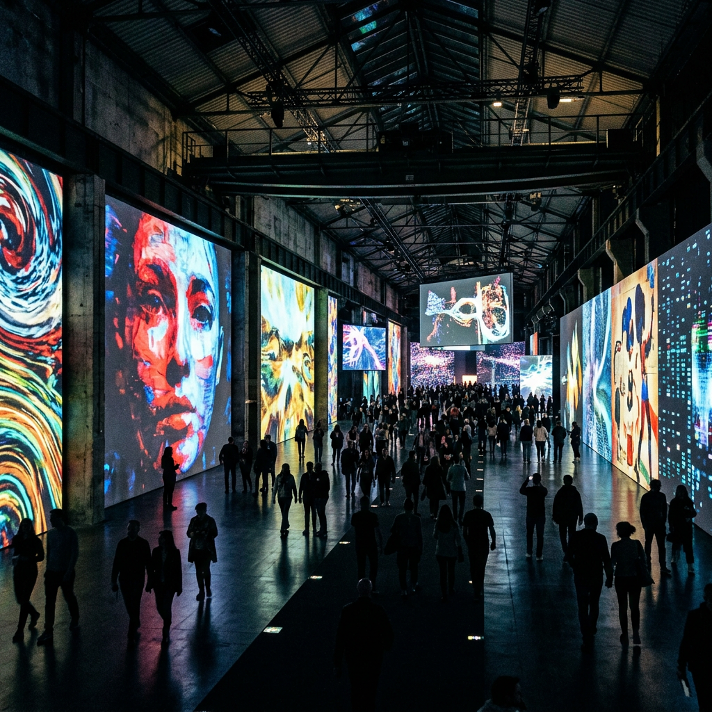 Crowd walking through a dark gallery with large colorful digital art projections on the walls