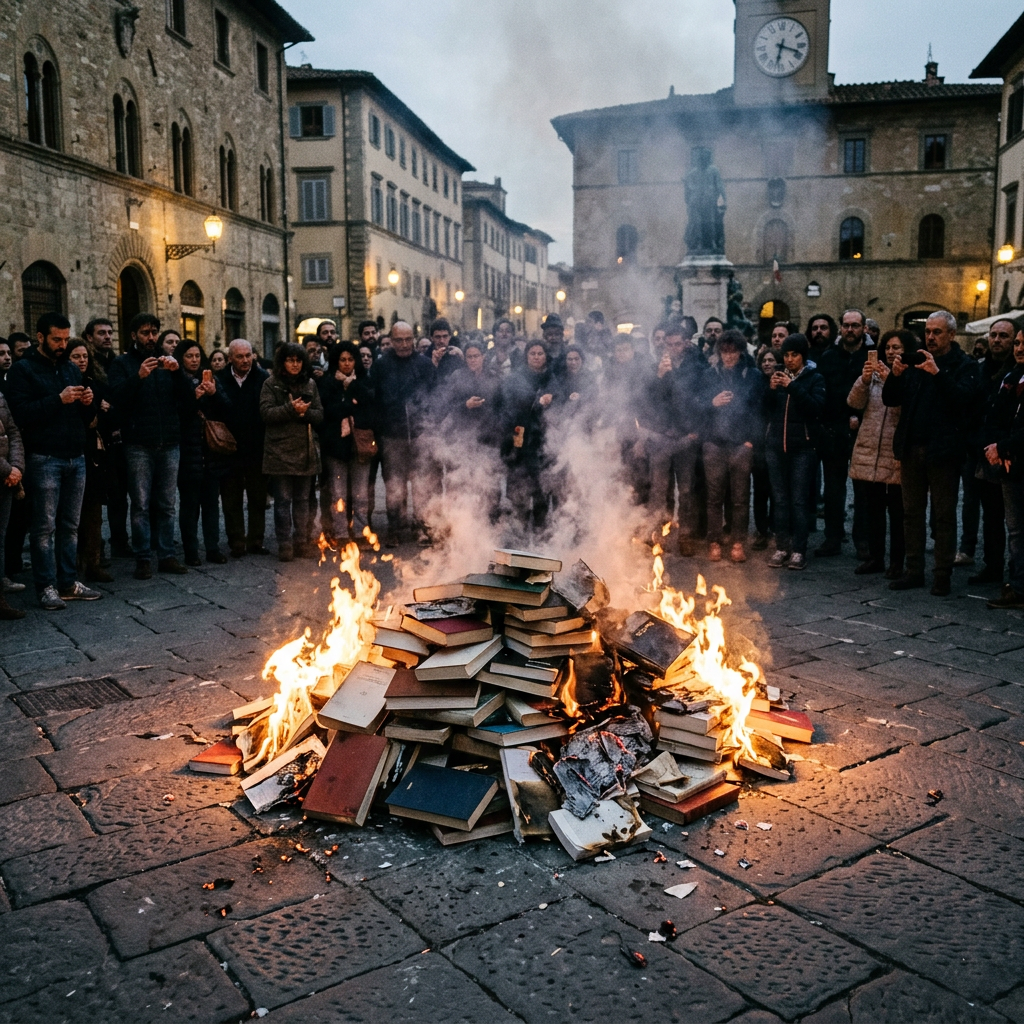Pile of books burning with flames in a town square surrounded by people