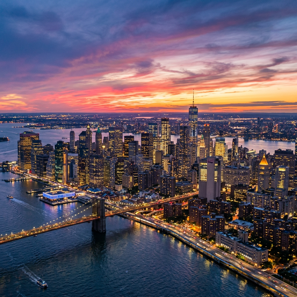 Aerial view of Manhattan skyline and Brooklyn Bridge at sunset, city lights glowing