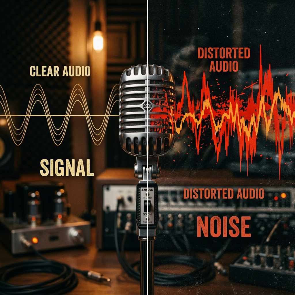 Split scene vintage microphone clear and distorted waves