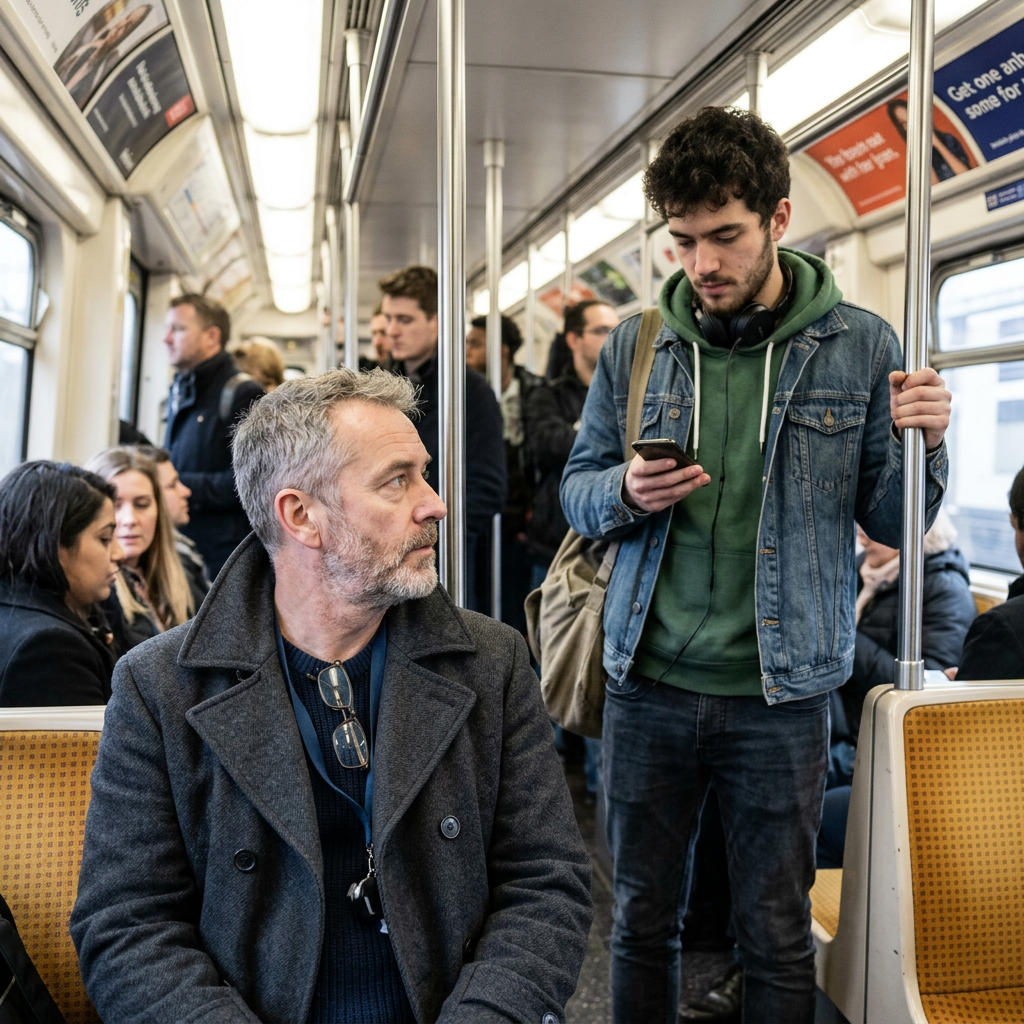 Passengers sitting and standing inside a crowded subway train, including a man seated wearing a gray coat looking sideways and a young man standing holding a pole and using a smartphone