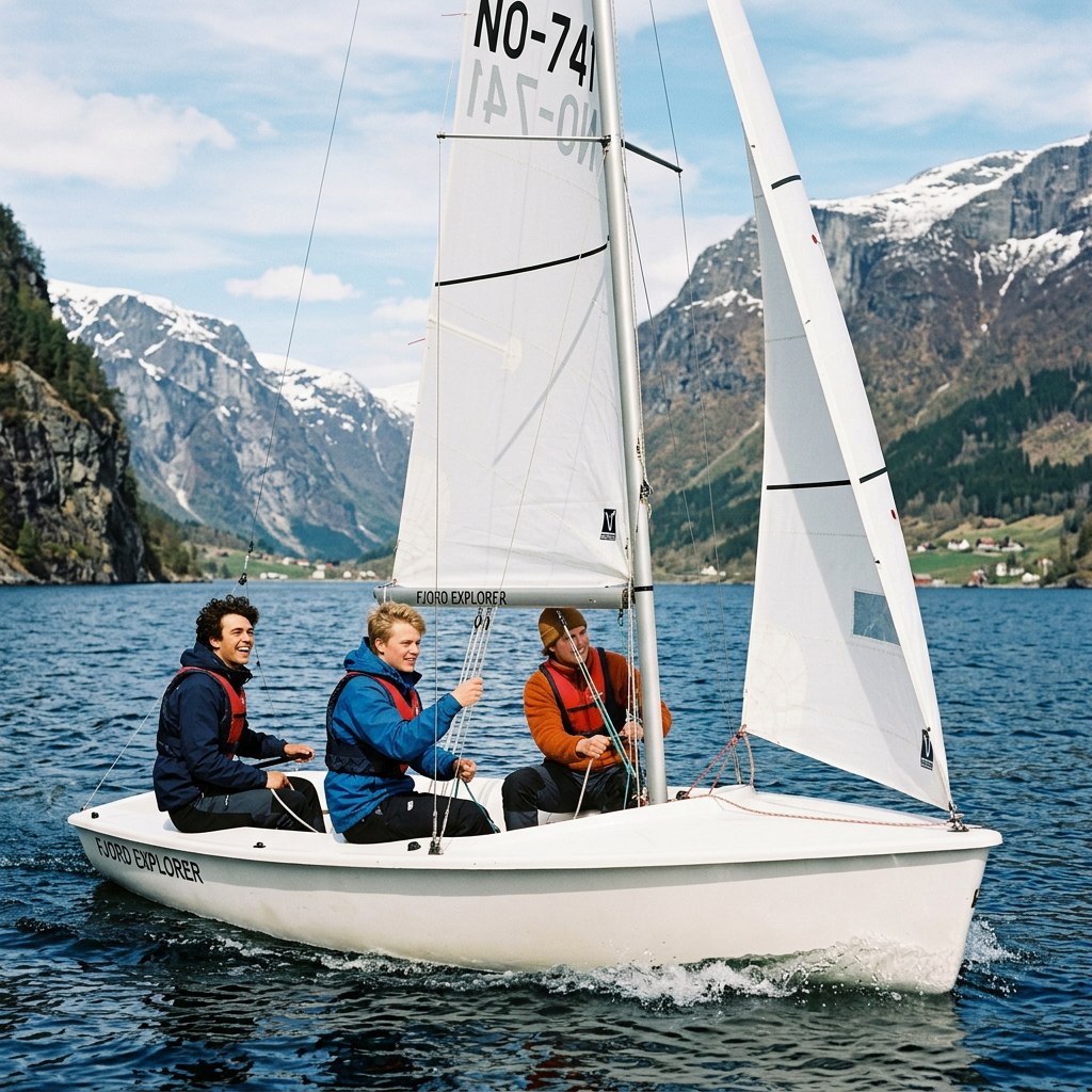 Three people sailing a small boat on a mountain-lined fjord