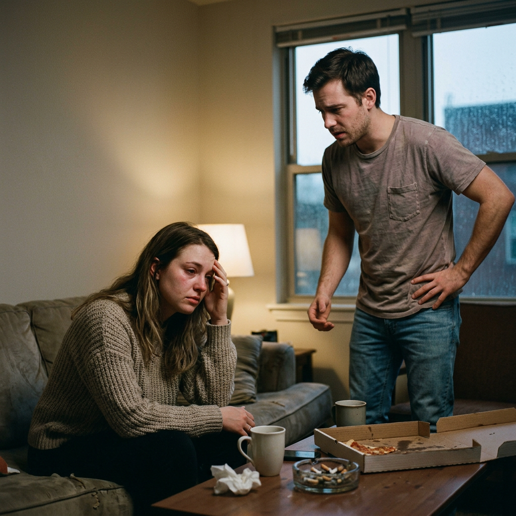 Distressed woman sitting on couch as concerned man stands beside pizza
