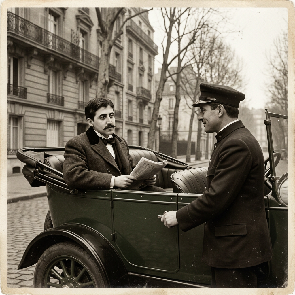 Passenger reading newspaper in vintage car beside uniformed chauffeur
