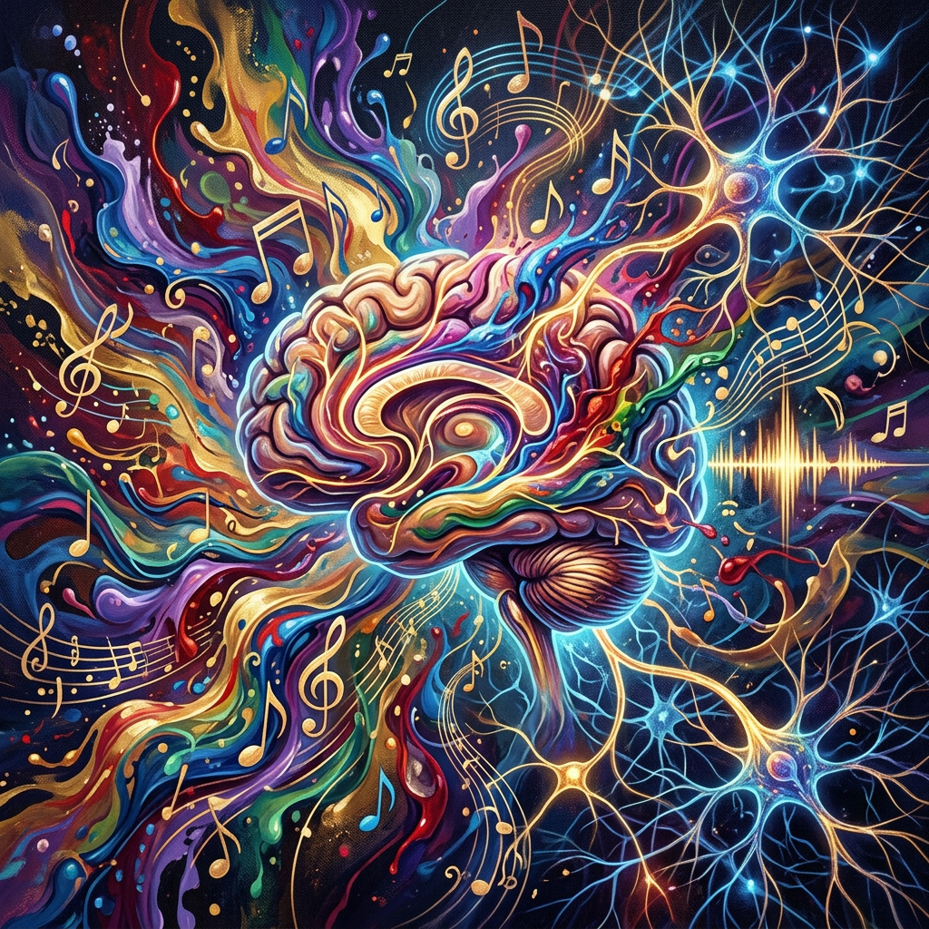 Colorful brain surrounded by musical notes and glowing neural networks