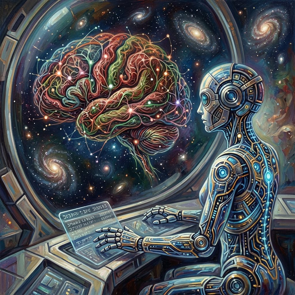 Futuristic android studying a glowing brain-shaped neural network in space