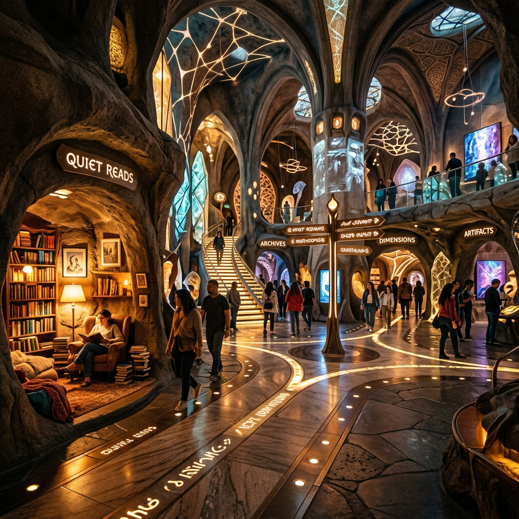 Futuristic library museum labeled Quiet Reads, Archives, Dimensions, and Artifacts