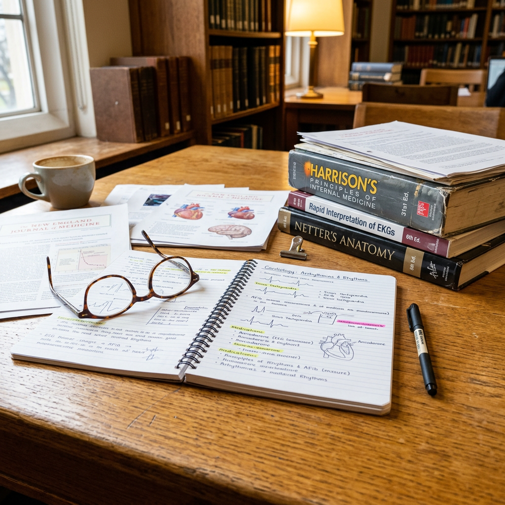 Medical study desk with textbooks, notes, eyeglasses, coffee, and lamp