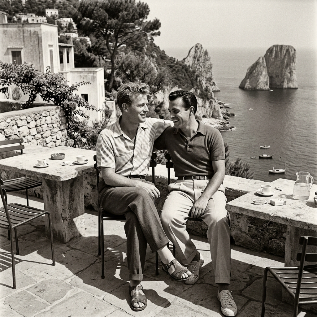 Two men smiling together on a Capri terrace overlooking sea stacks