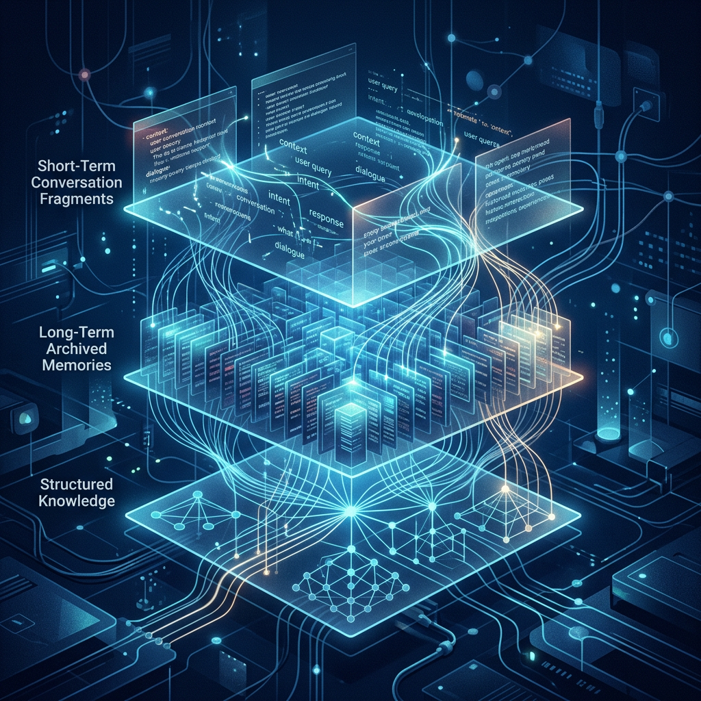 Layered AI memory diagram labeled short-term conversation fragments, long-term archived memories, and structured knowledge