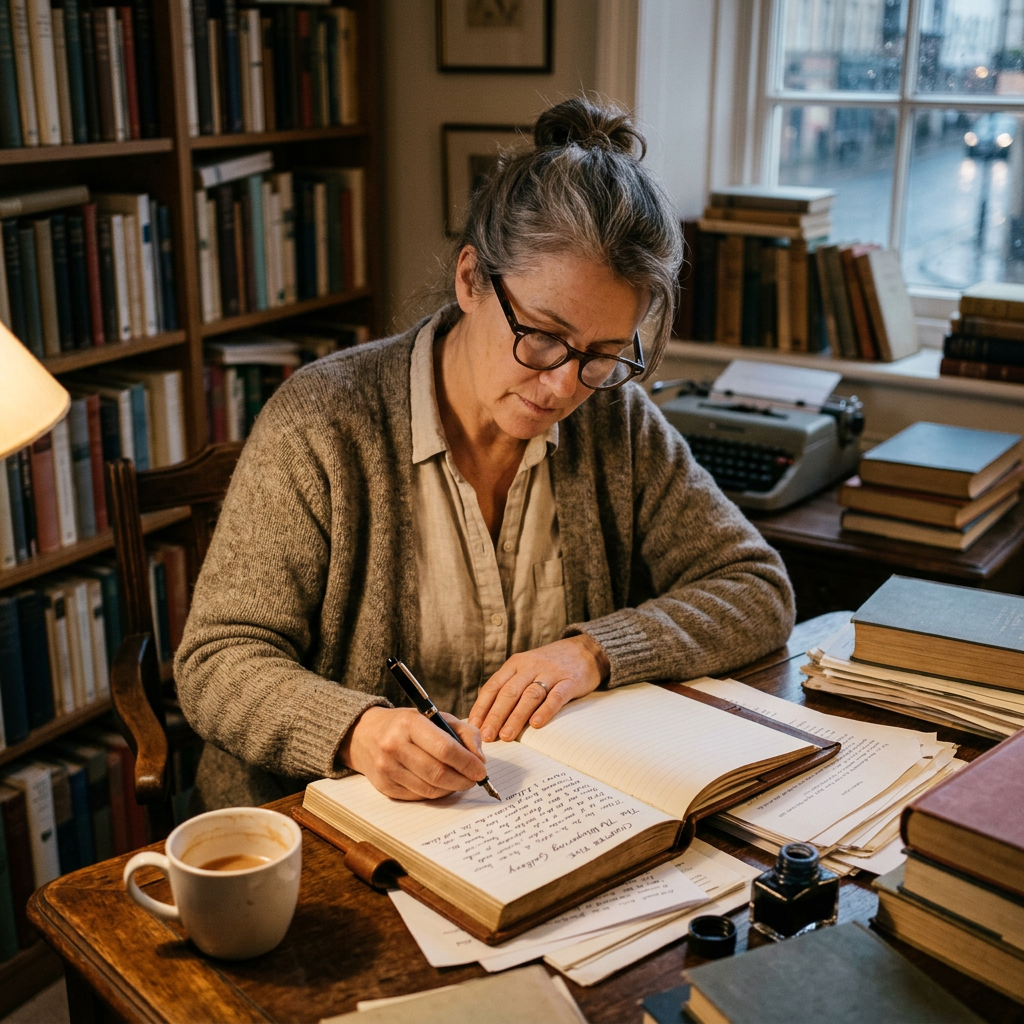 Person writing in a journal at a book-filled desk