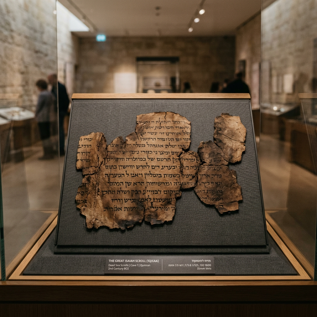 Fragments of the Great Isaiah Scroll displayed in a museum case