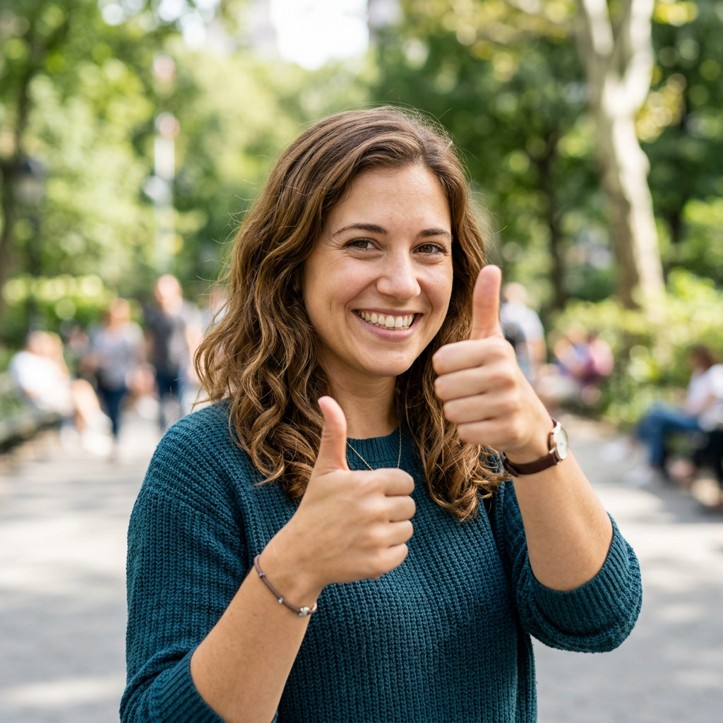 Smiling woman giving two thumbs up in a park