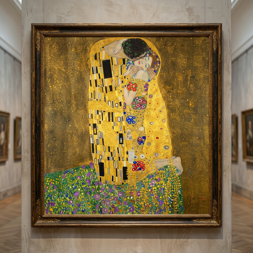 Framed reproduction of Gustav Klimt’s The Kiss in a museum gallery