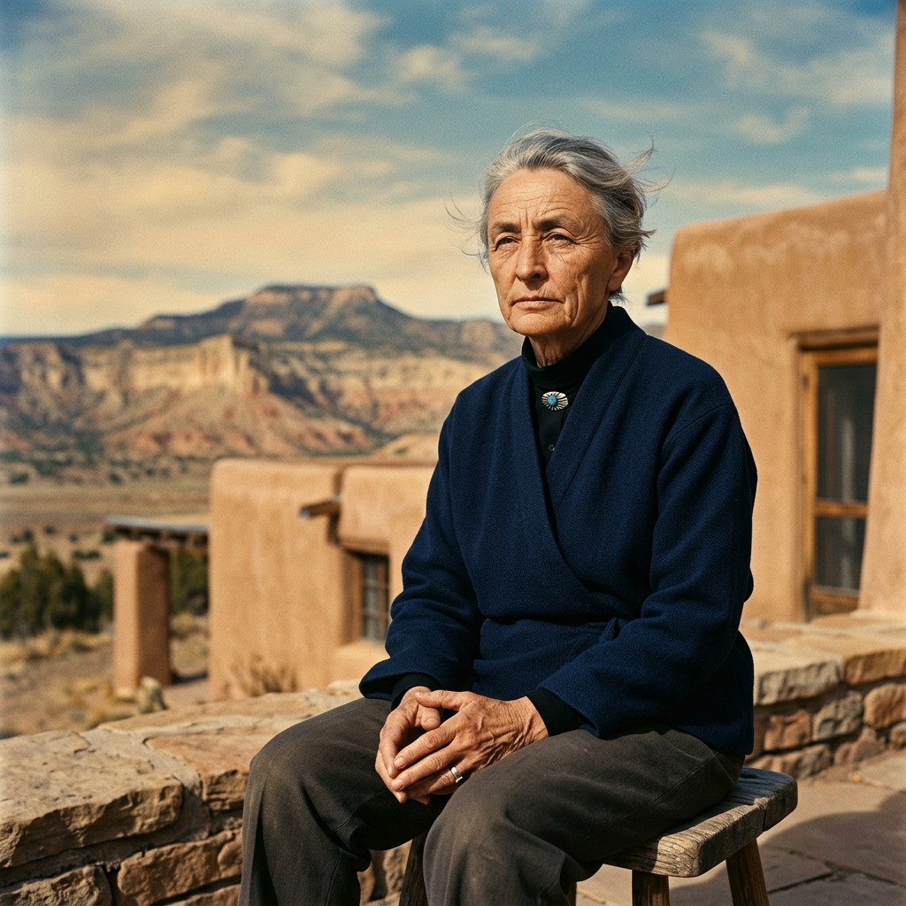 Older woman seated outside an adobe home with desert mesas behind her