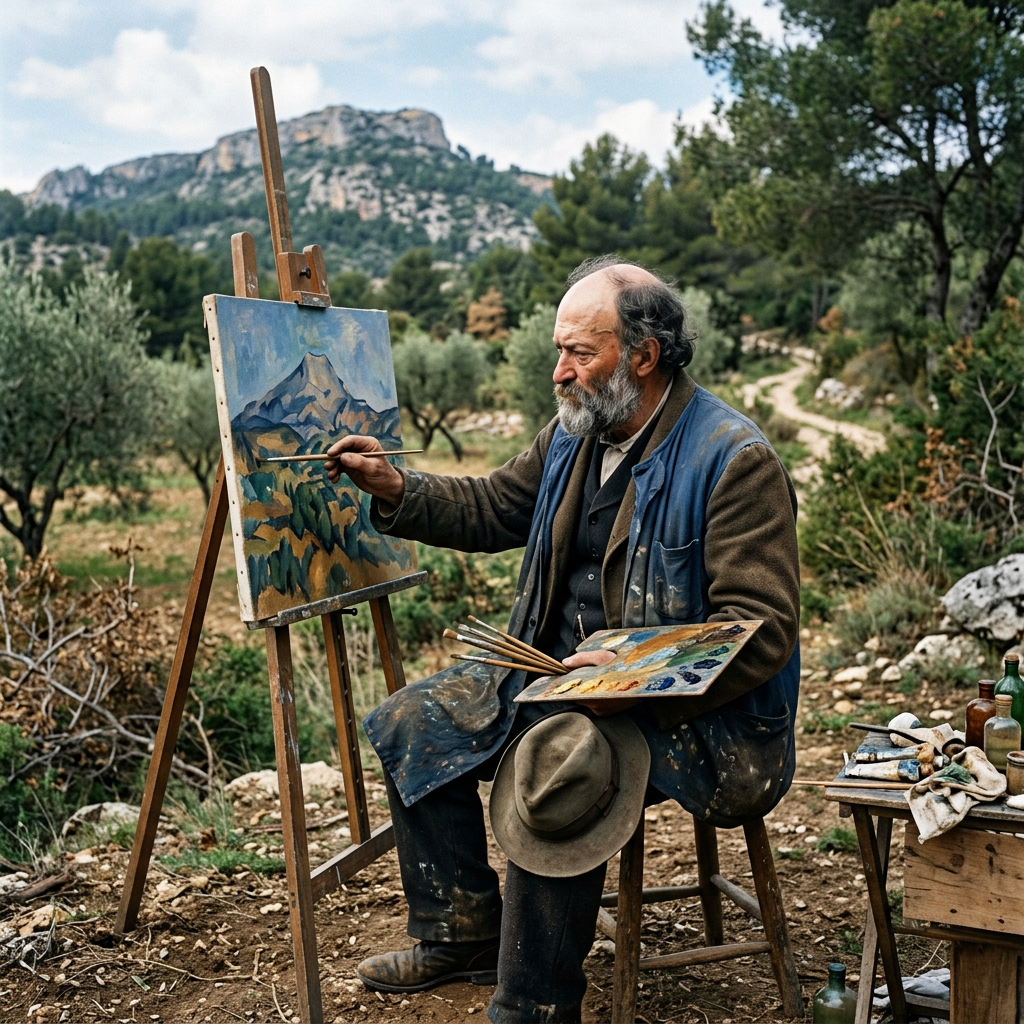 Bearded artist painting mountains outdoors beside an easel and palette